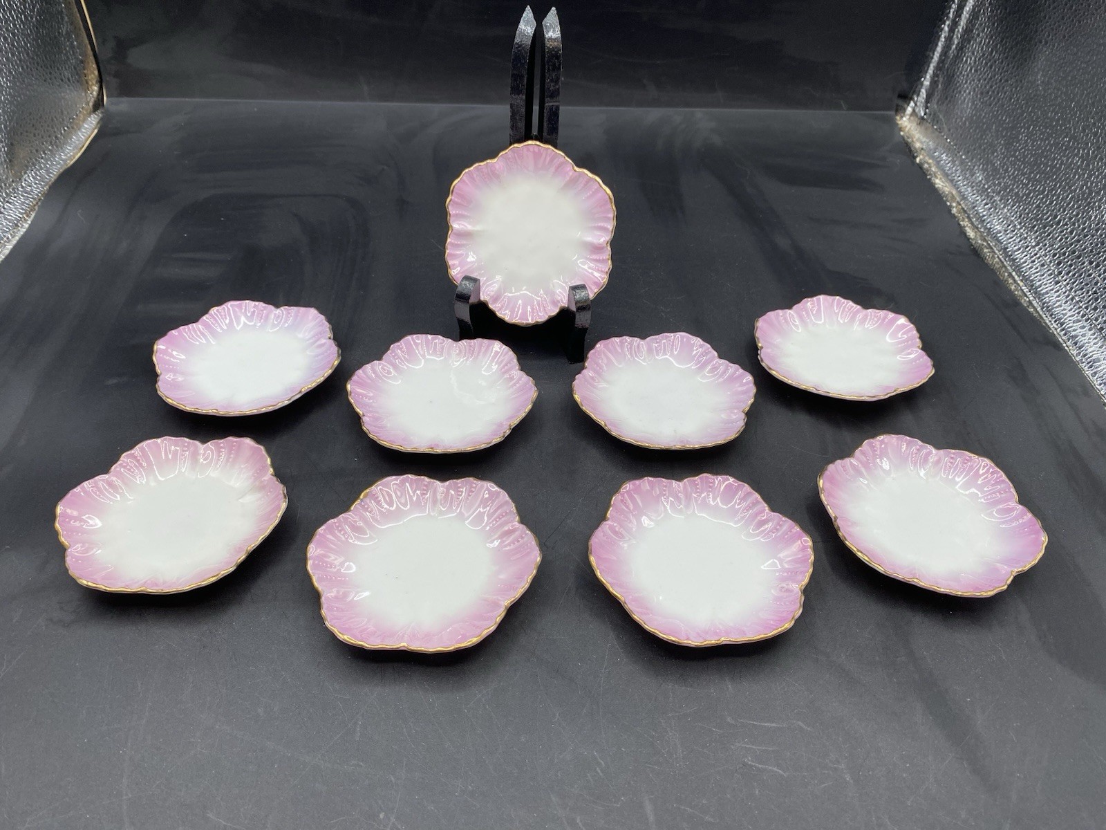 9 Lot Of Carlsbad  China Austria Butter Pats Pink/White/gold 3.5” Antique Dishes