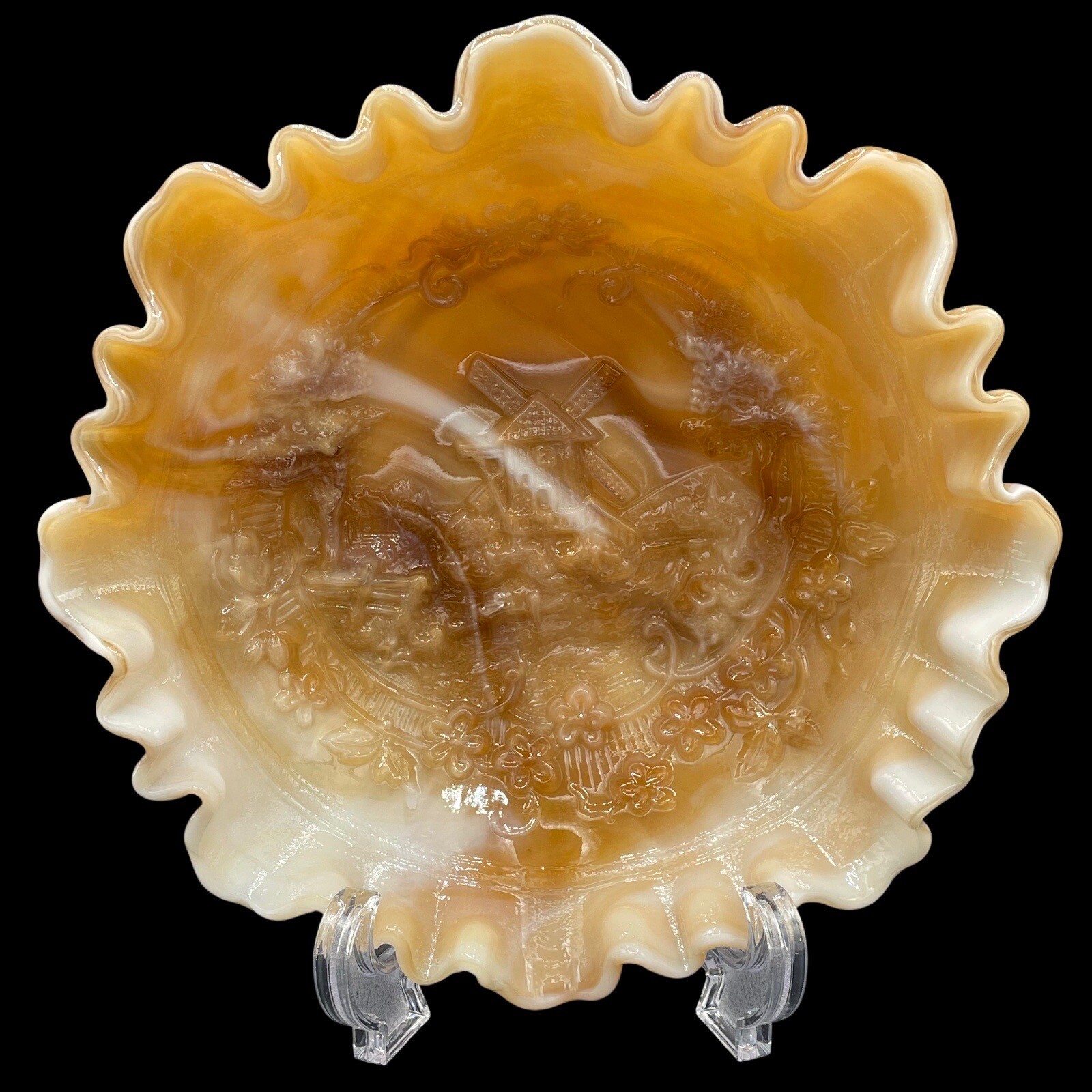 Imperial Glass Ruffled Brown Caramel Slag Bowl Windmill Design 8