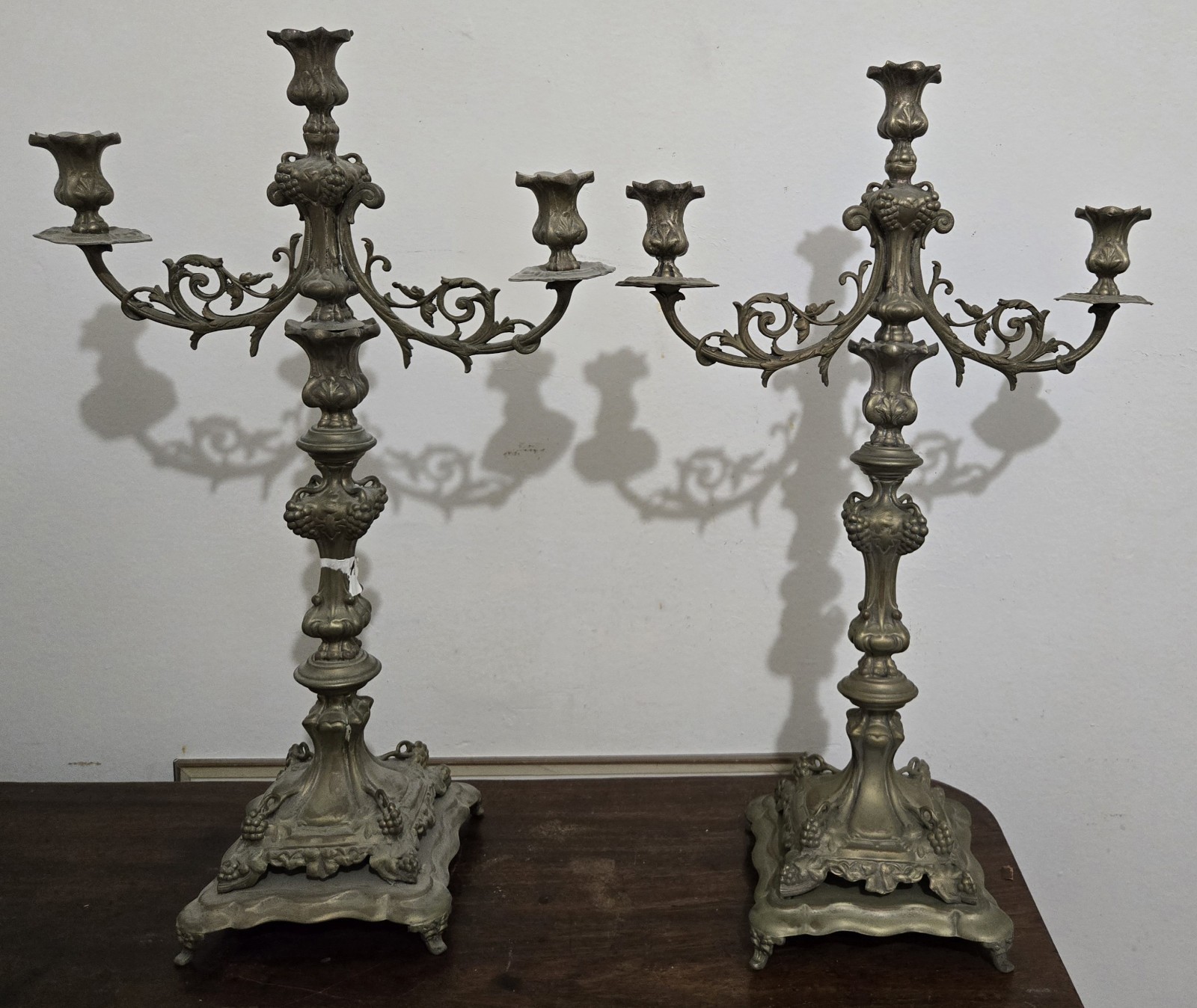 Antique Brass Gothic Rococo Candelabras 3-Light Removable Top Grapes Pair 21 Antique Brass Gothic Rococo Candelabras 3-Light Removable Top Grapes Pair 21