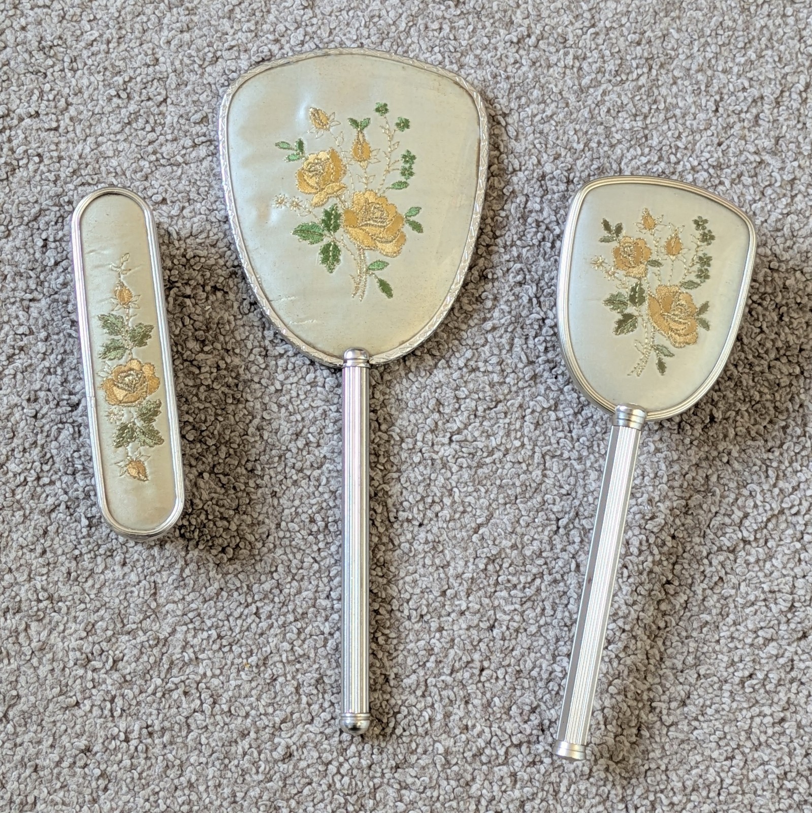 Vintage 1960's Vanity Set With Hand Mirror 2 Brushes Embroidered Flower Detail Vintage 1960's Vanity Set With Hand Mirror 2 Brushes Embroidered Flower Detail