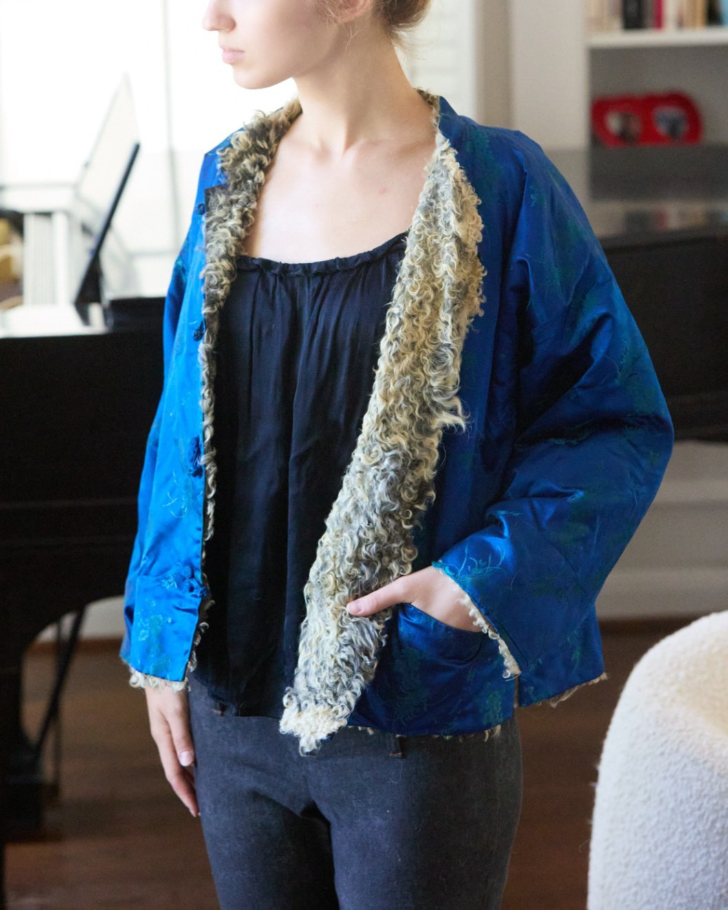 Vintage 60s 70s Mongolian Lamb Lined Chinese Satin Frog Jacket