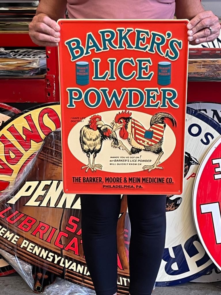 Vintage Anitque Old Style Metal Sign Lice Powder Chickens 14x20 Made in USA
