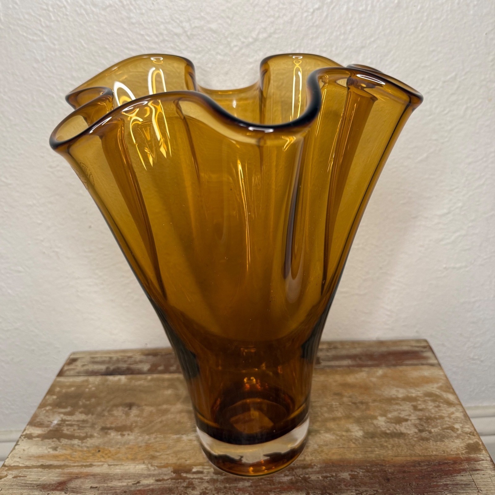 Vintage 70s Lenox Amber Art Glass Handkerchief Vase Hand Blown MCM