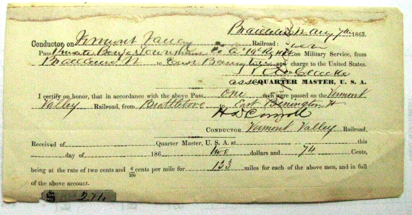CIVIL WAR 14TH VERMONT SOLDIER RAILROAD PASS VERMONT VALLEY RR 1863