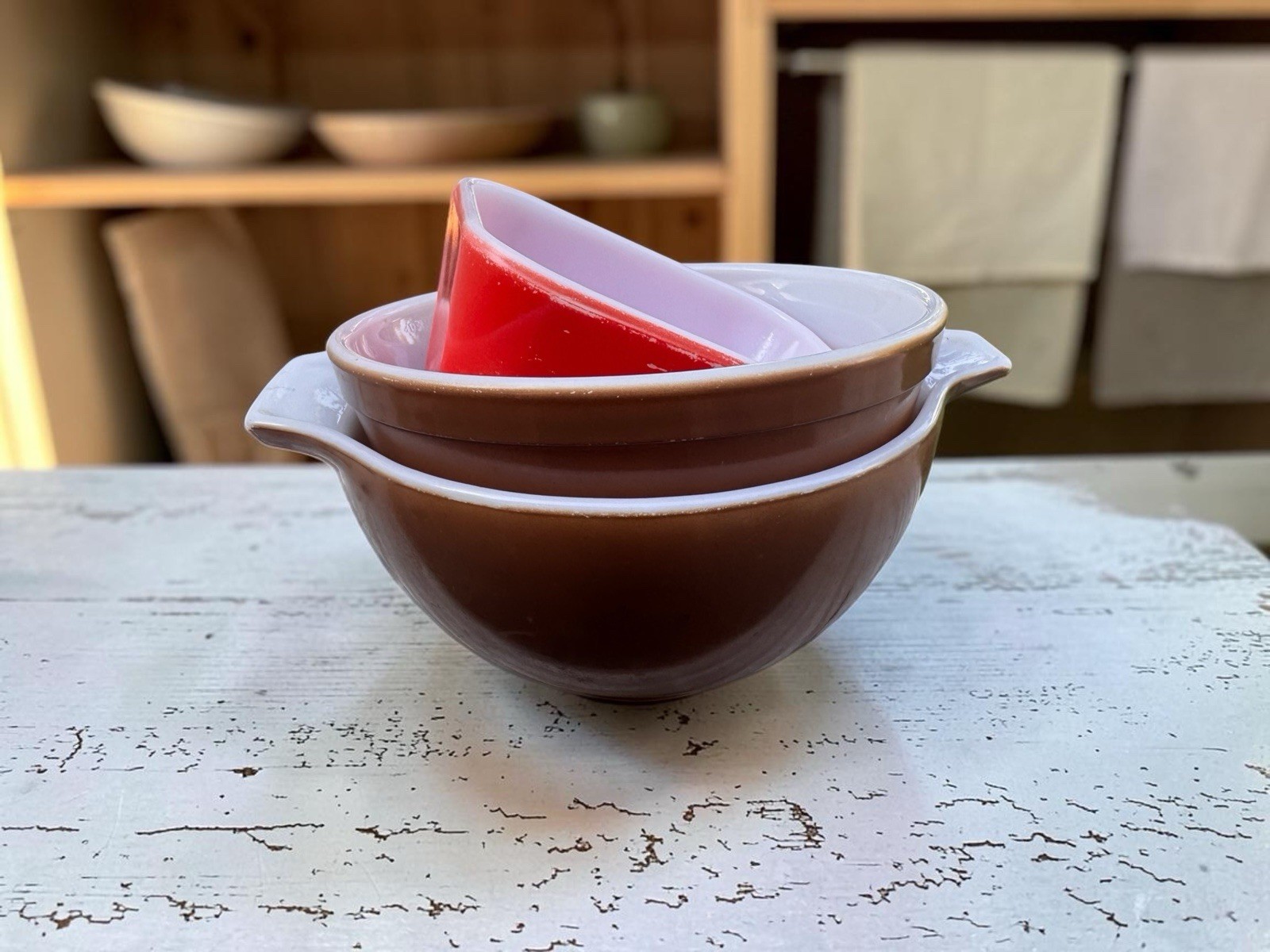 Vintage Pyrex Set Of 3 Bundle, Browns And Orange, No Lids