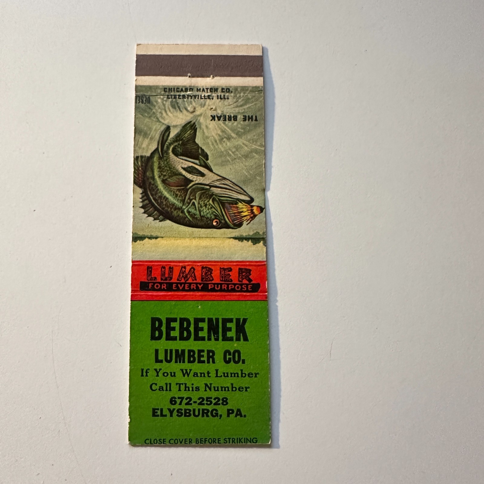 Bebenek Lumber Co Every Purpose Elysburg PA Vintage Matchbook Cover 5MB126-4-3