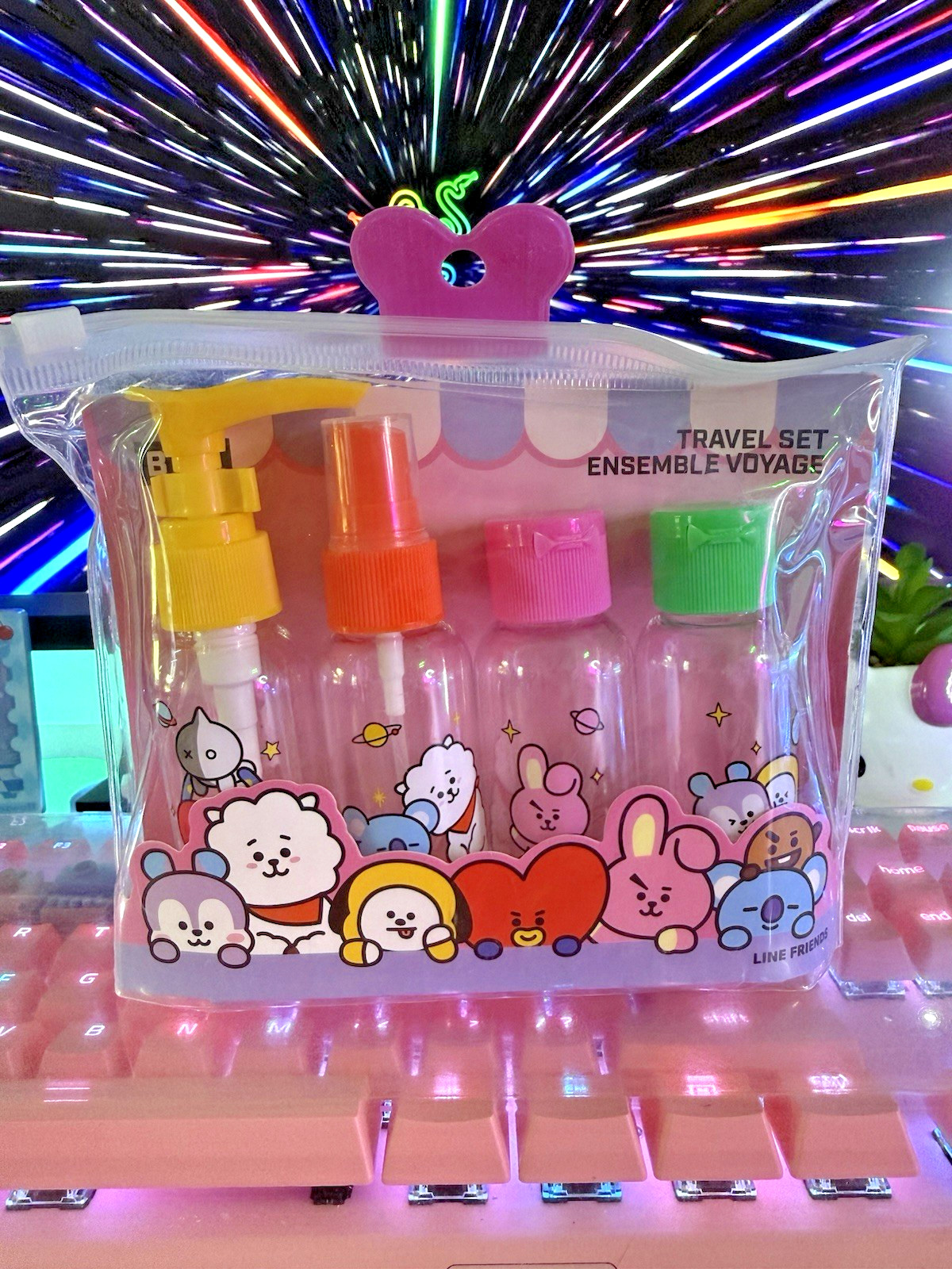 BT21 Travel Bottle Set 4 Pc Pump Spray Flip Top Toiletry Bag Kawaii BTS Miniso BT21 Travel Bottle Set 4 Pc Pump Spray Flip Top Toiletry Bag Kawaii BTS Miniso