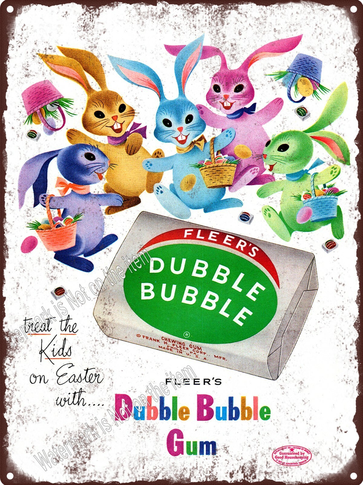 1953 Dubble Bubble Gum Fleer\'s 5 Easter Bunnies Candy Metal Sign 9x12\