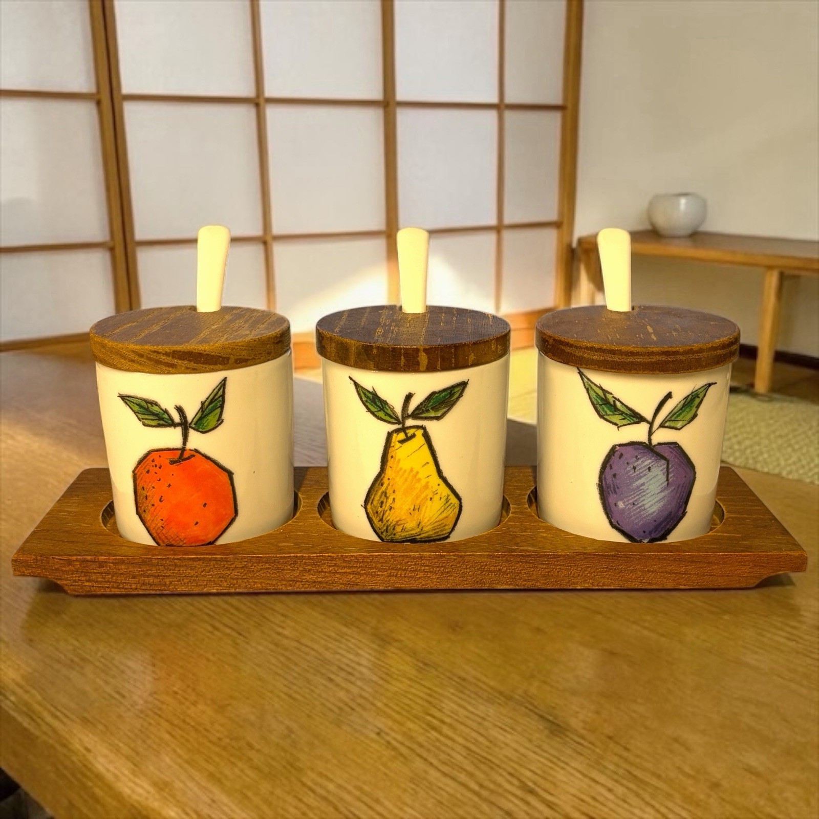 VTG Japan MCM Porcelain Jars Spoons & Tray Hand Painted Fruit Decor See Pics