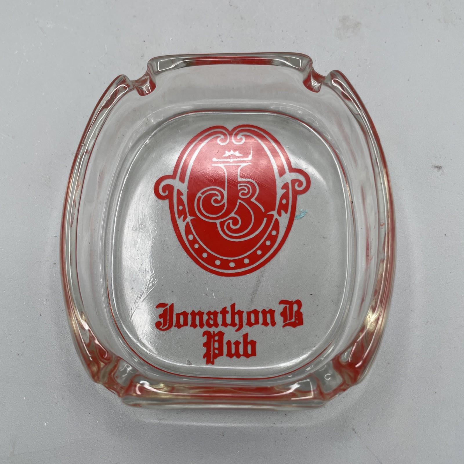 Vintage Jonathon B Pub Glass Ashtray Clear Red Logo Michigan Mall Nostalgia