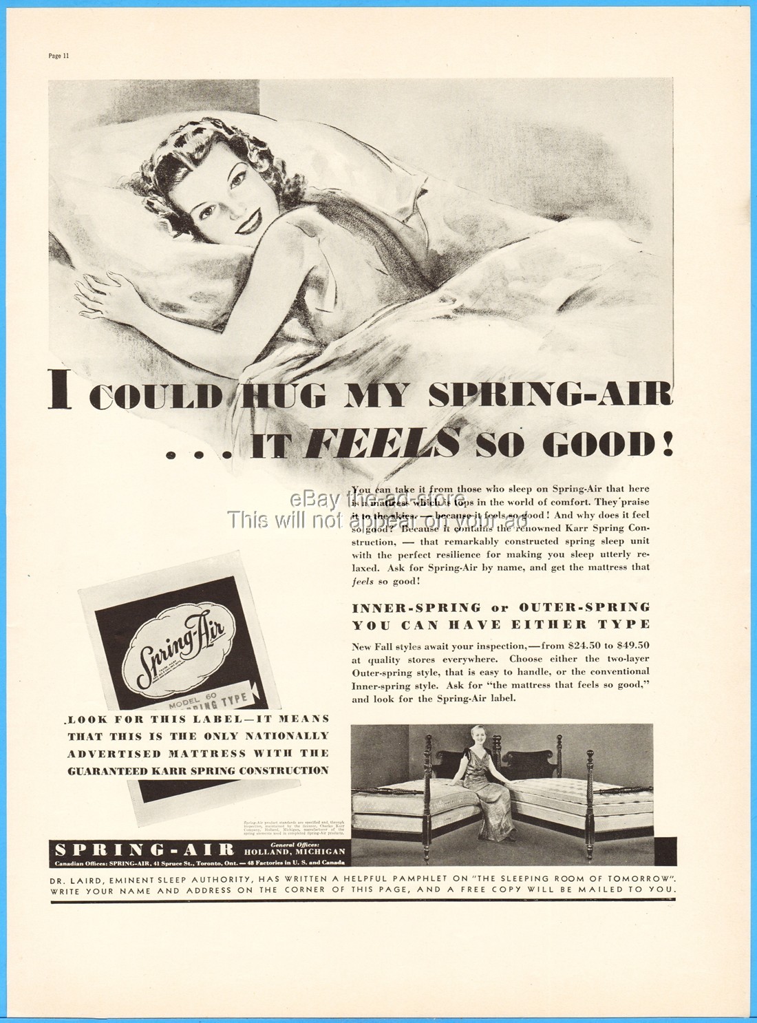 1937 Spring Air Mattress Holland MI It Feels so Good Dr Laird Sleep Authority Ad