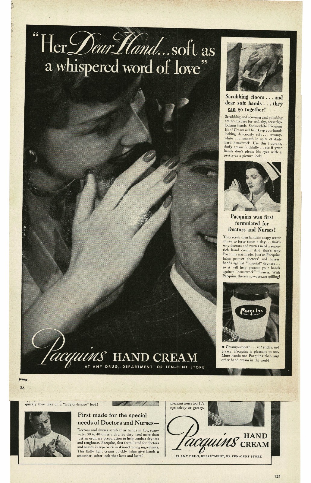 1946 Pacquin\'s Hand Cream woman whispering in man\'s ear Vintage Print Ad nurse