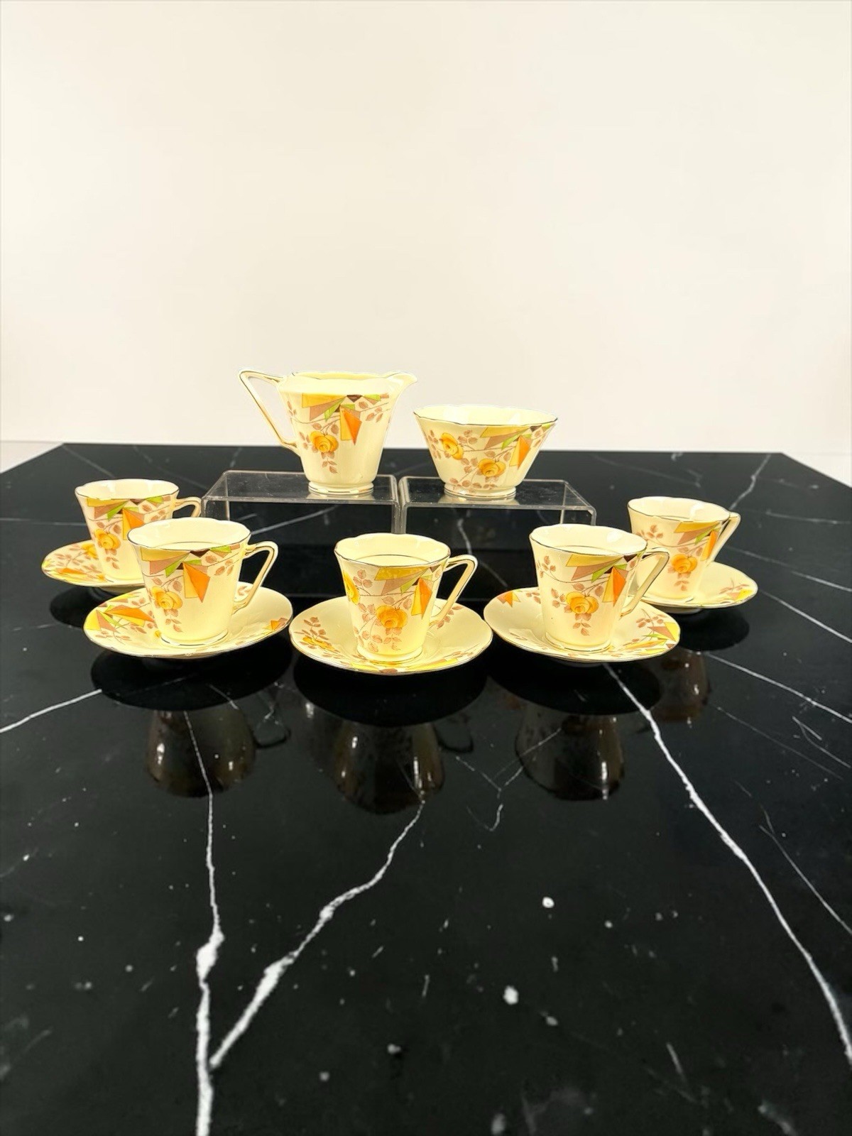 Antique Grafton China Warwick Art Deco Demitasse Tea Set 1920s Geometric England