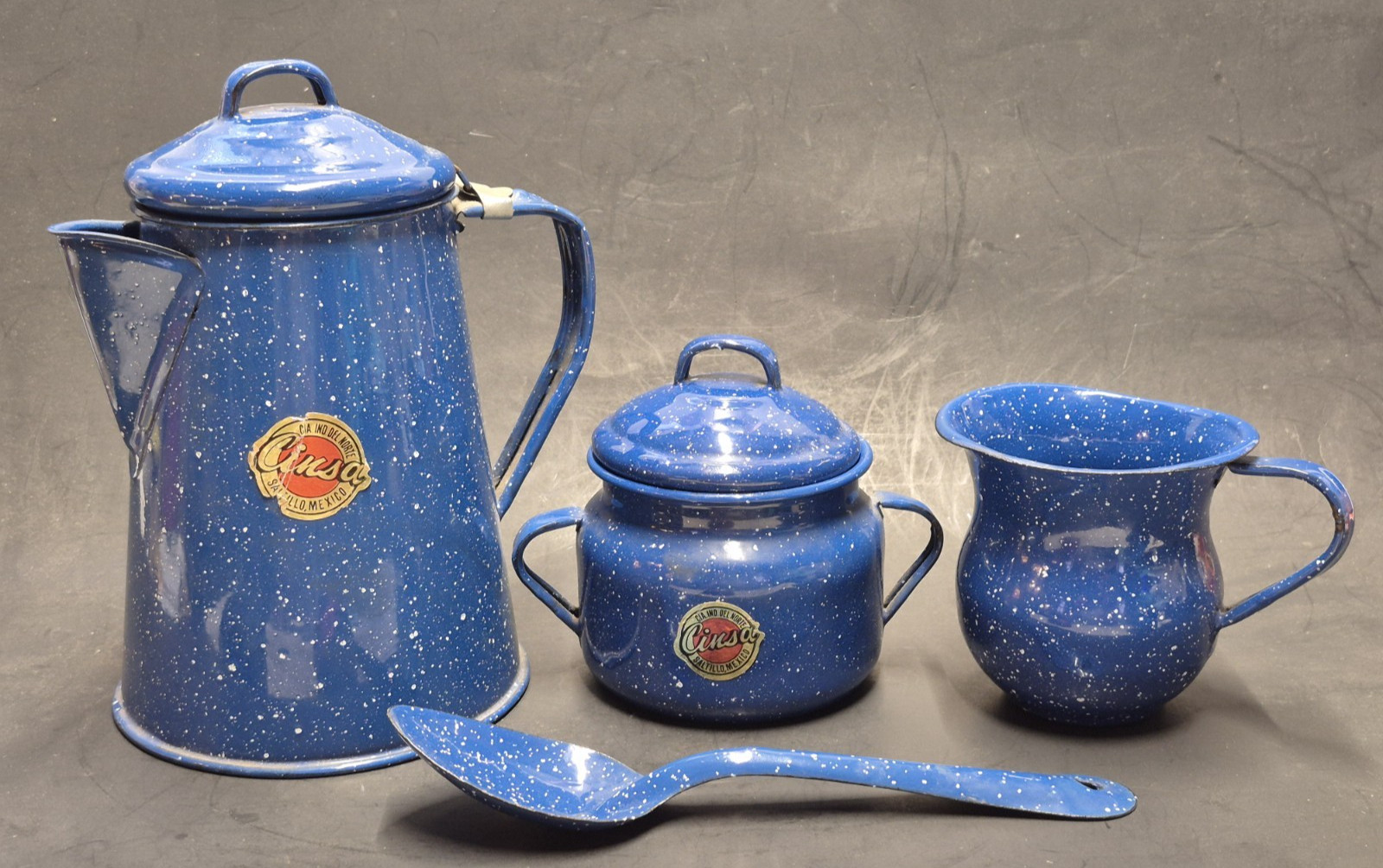 SEE ALL PHOTOS Vintage Cinsa Blue Enamelware Coffee Pot Spoon Creamer Sugar