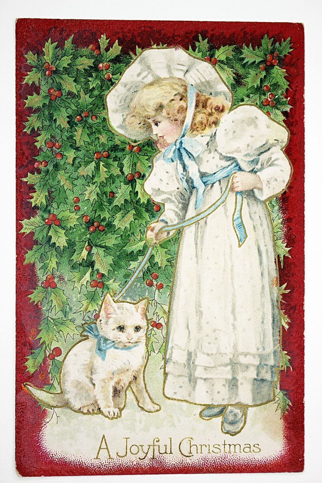 c.1911 Pretty Girl & Cat with Holly Christmas Postcard Embossed #63