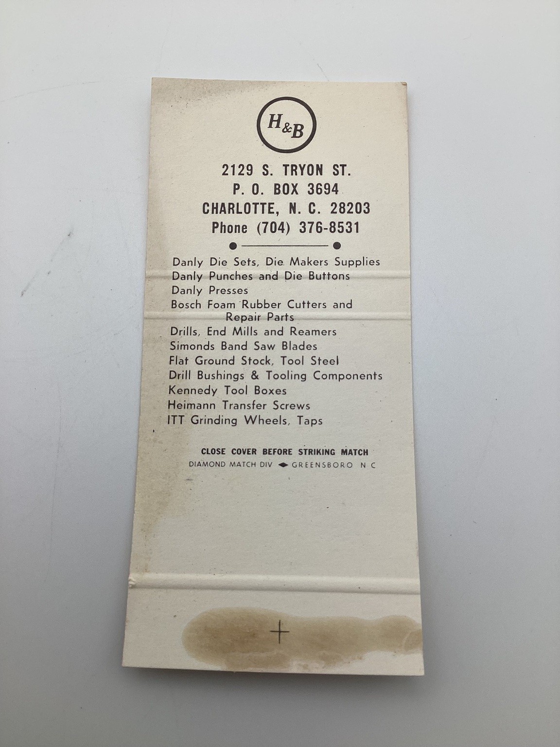 Vintage H&B Charlotte NC Industrial Tool Supply Matchbook Cover