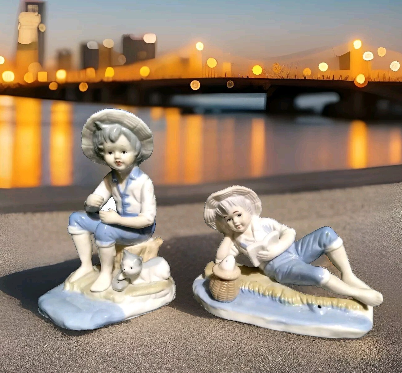 2 Ceramic Figurine Young Boy Gone Fishing 2 Ceramic Figurine Young Boy Gone Fishing