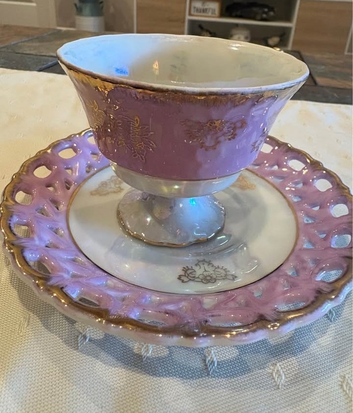Royal Halsey Footed Teacup and Saucer Iridescent Very Fine China Pink and Gold