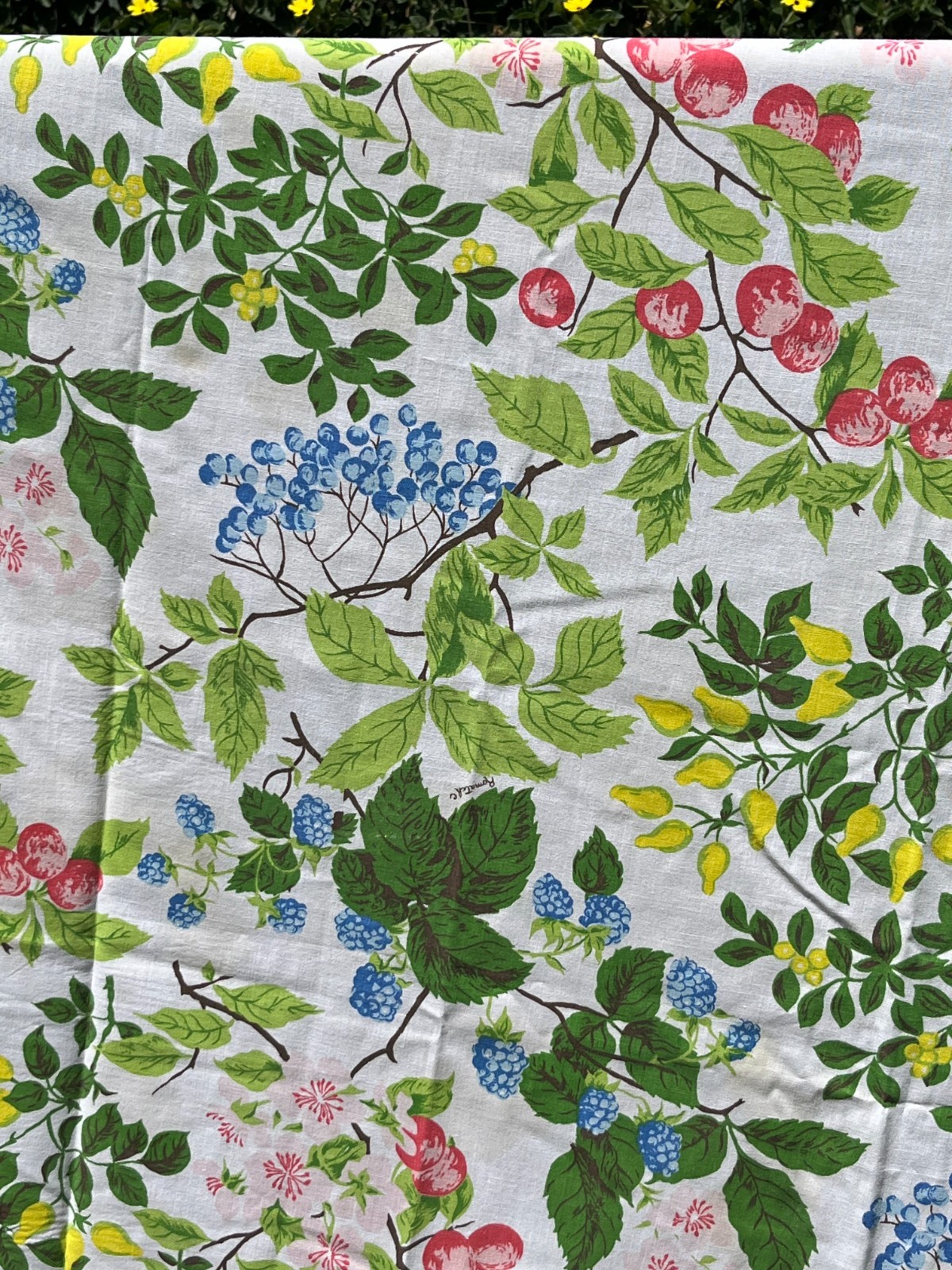 Vintage Vibrant Floral Burst & Berries Cotton Tablecloth 61\