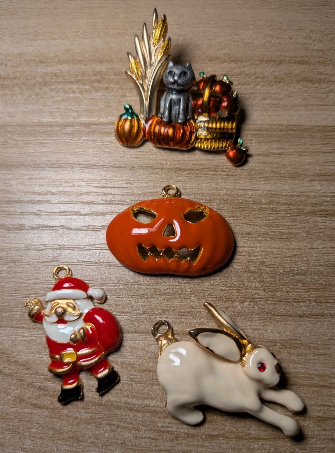 Vintage Phister Ent.  Enamel Rabbit Santa Pumpkin Charm Pendants + Brooch