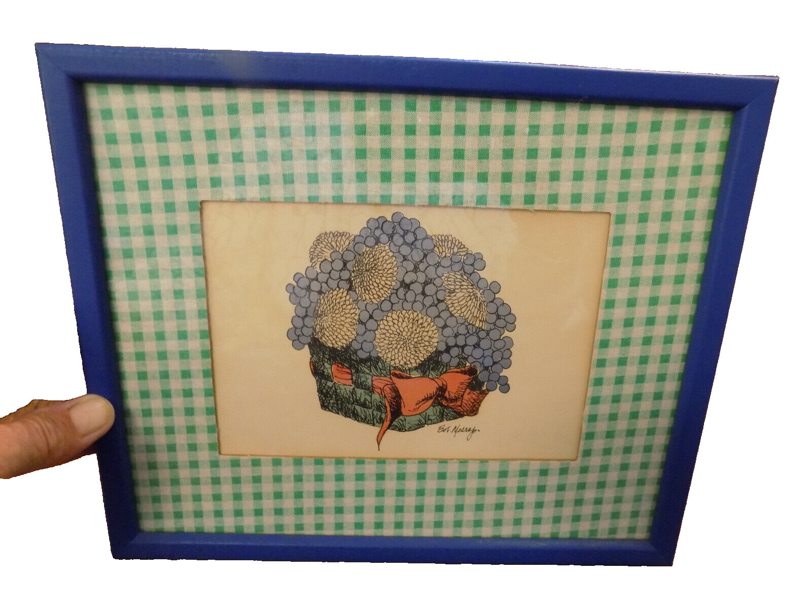 Vtg Framed BOB MESROP art SOOVIA JANIS Gingham Mat Flowers in Basket signed RARE