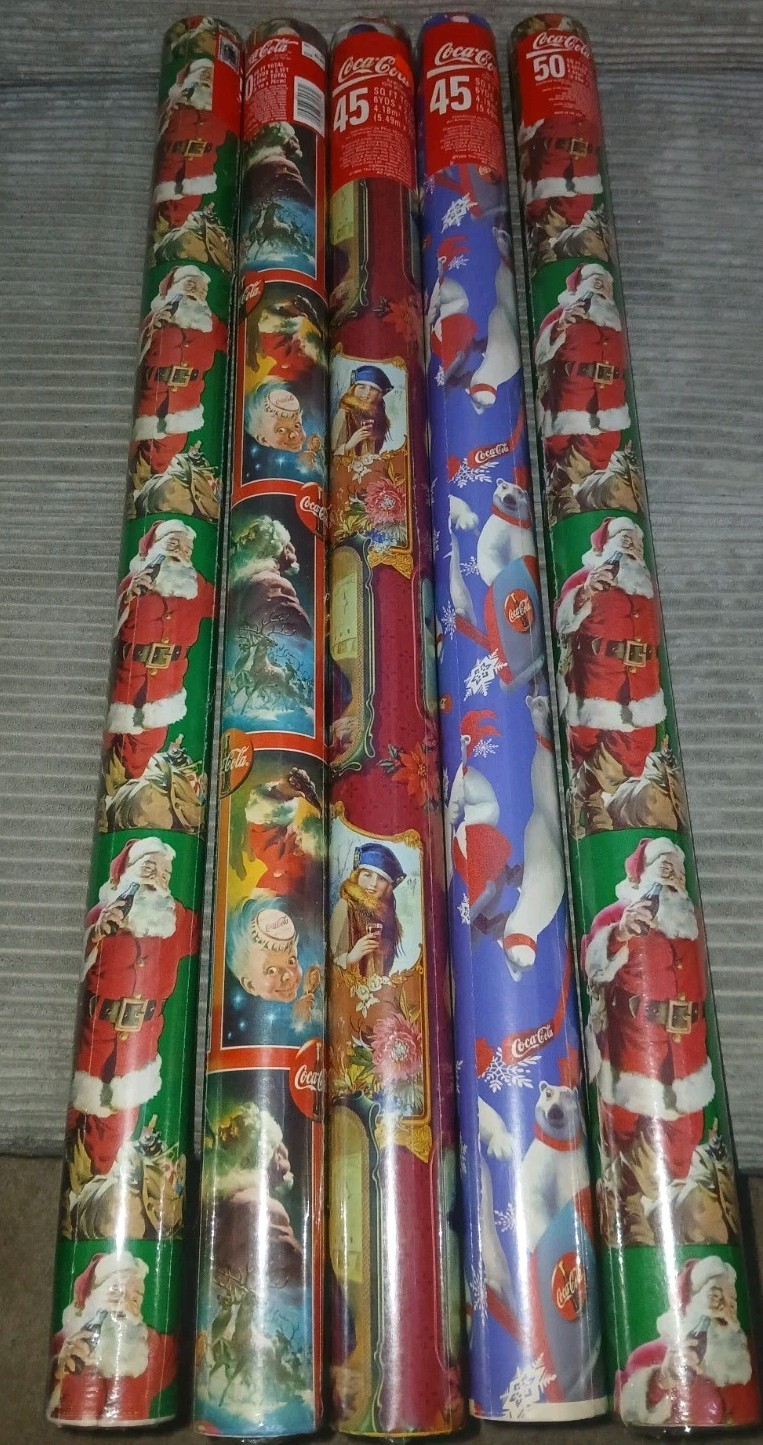 5x Vintage Coca Cola Christmas Wrapping Paper Rolls New Sealed 90s Santa 