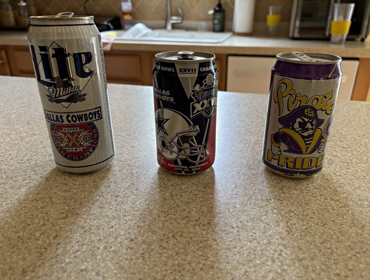Vintage 1990s Can Lot: ECU Pirates Pride & Dallas Cowboys Super Bowl 27 & 30