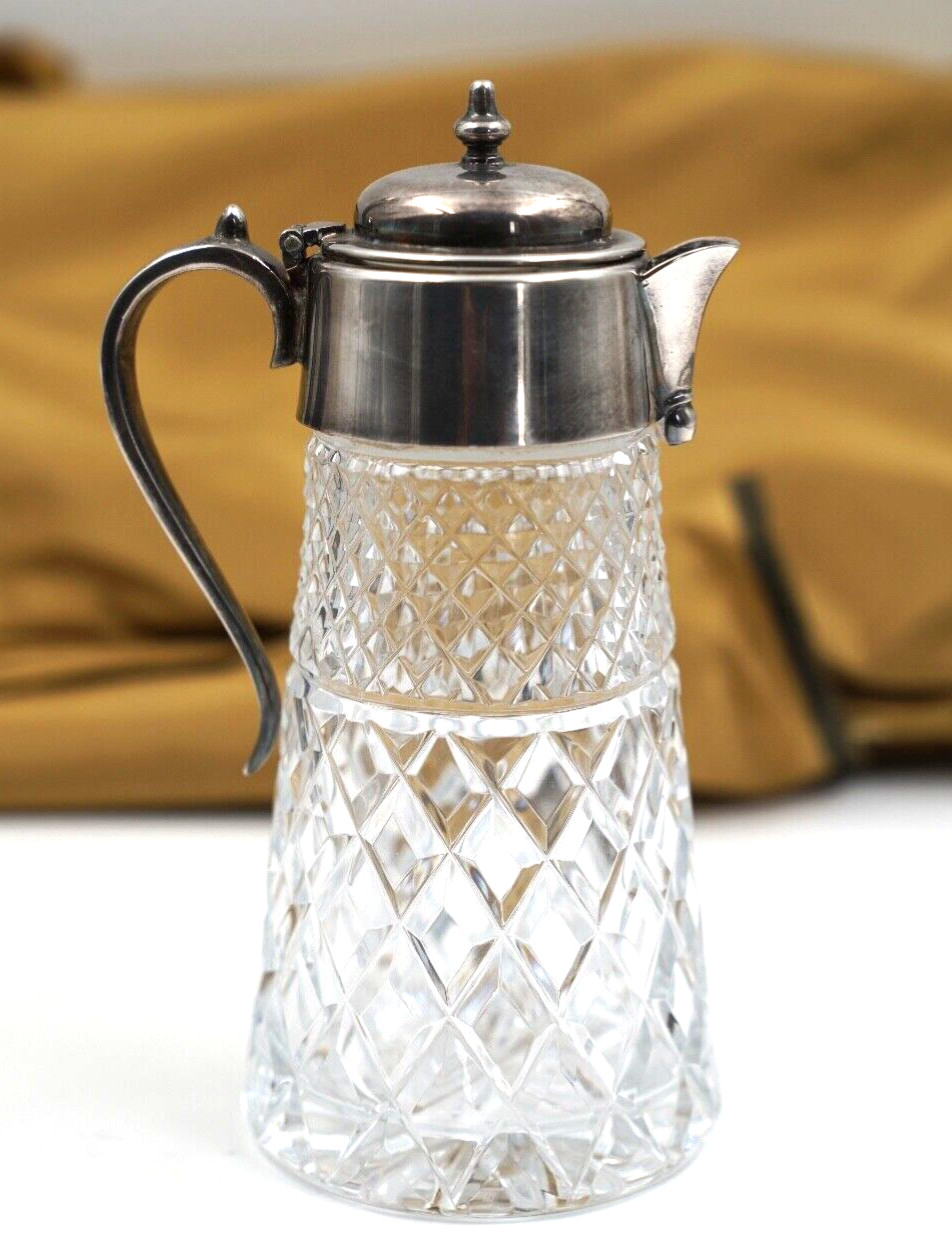 Fine Antique Cut Crystal Syrup Pitcher W/ Silverplate Lid & Handle