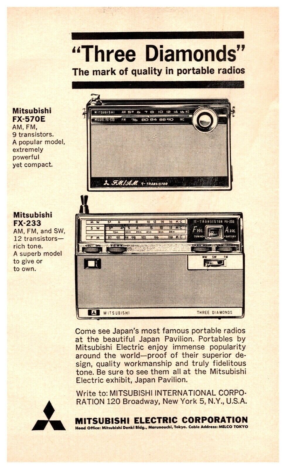 1964 Mitsubishi Radio Vintage Print Ad New York World\'s Fair Japan Pavilion