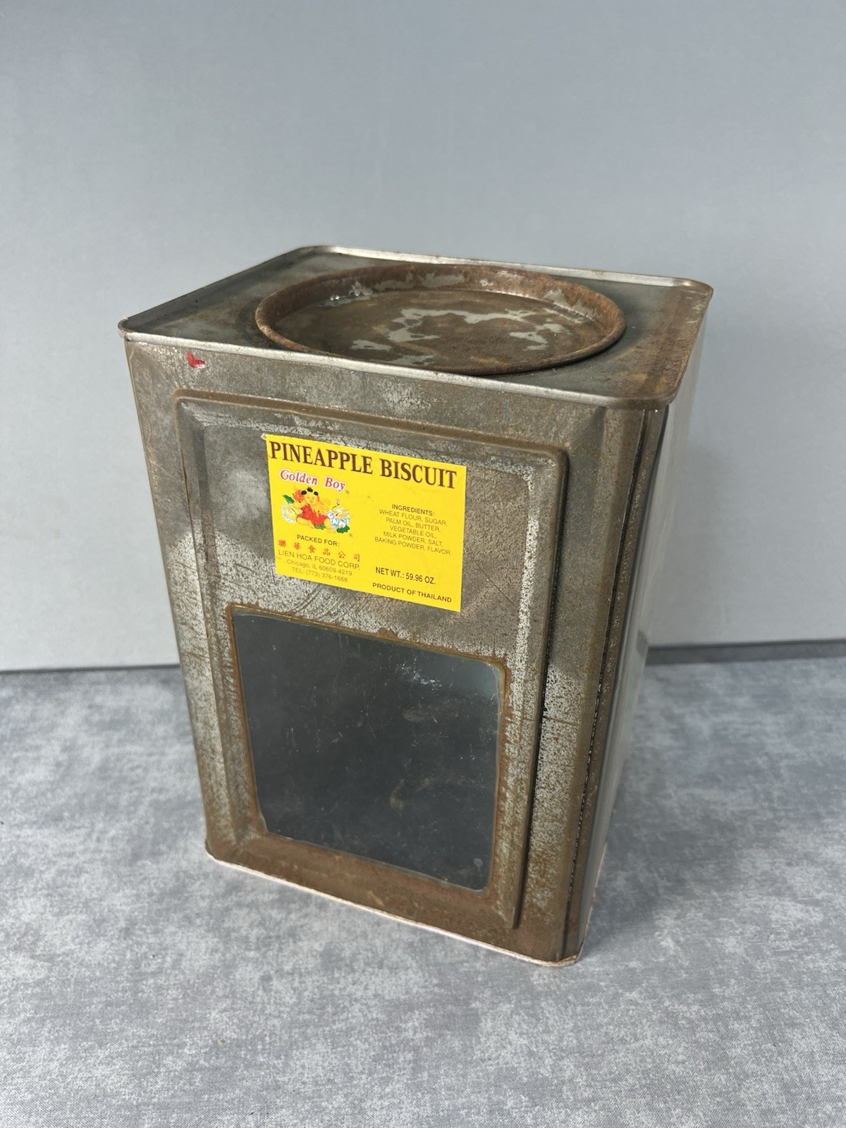 Vintage Golden Boy Pineapple Biscuit Display Tin Lien Hoa Chicago Thailand