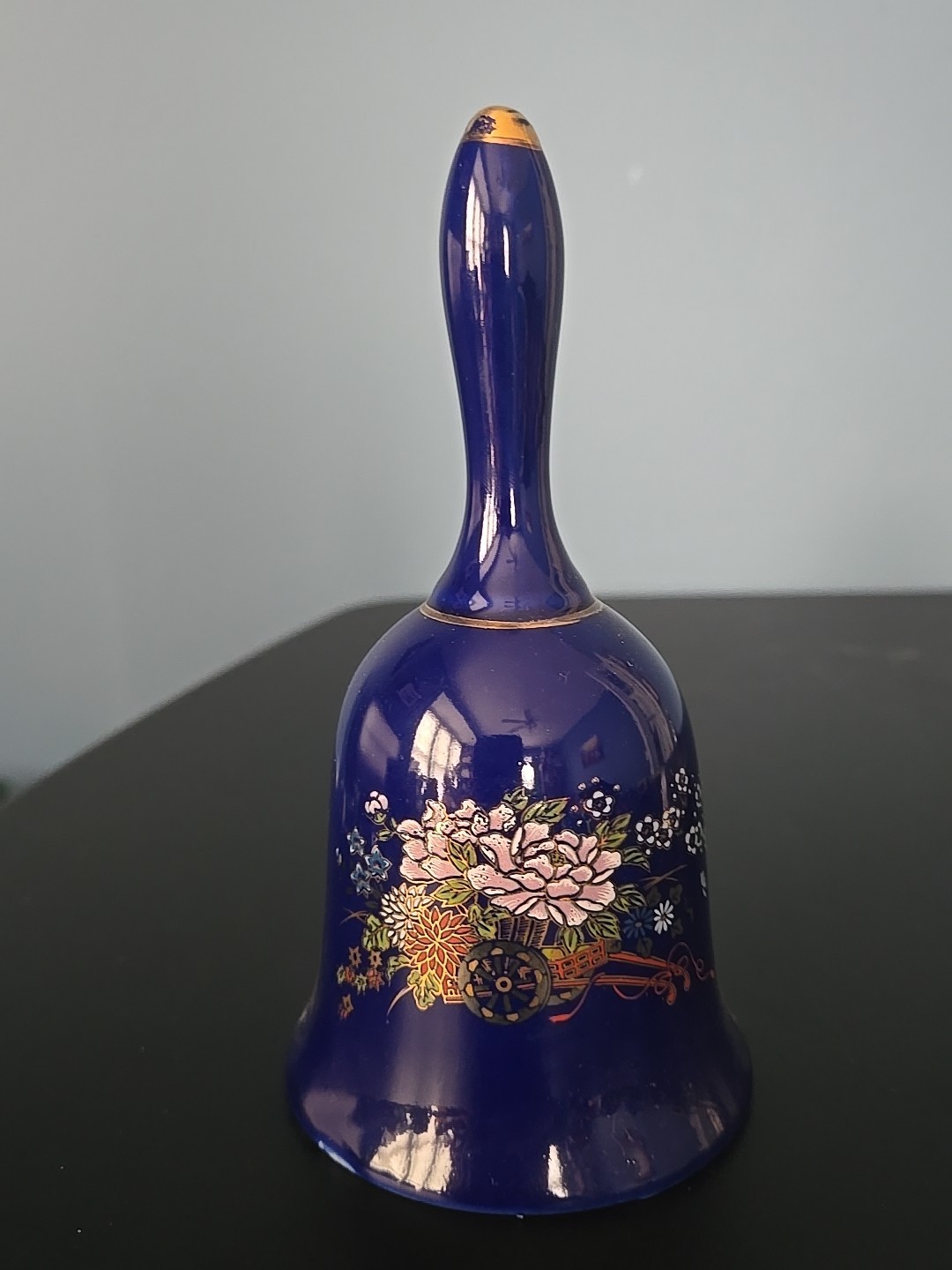 Flambro Vintage Blue Bell with Cart and Flowers Porcelain Collectible