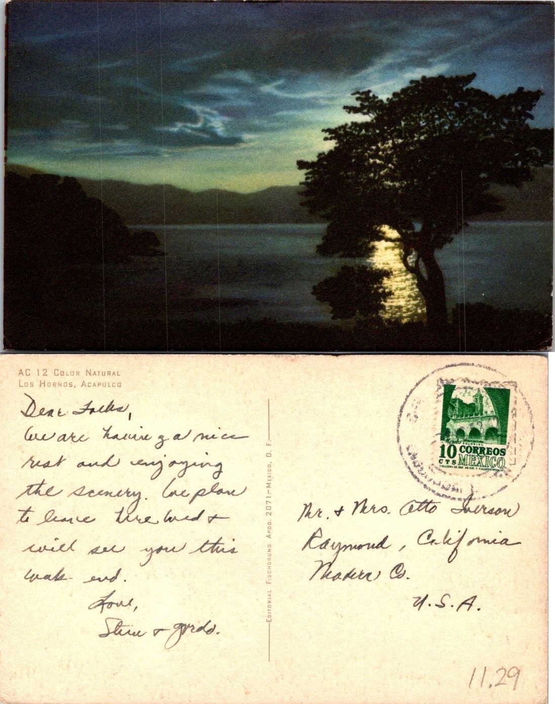 Acapulco, Guerrero, Mexico Los Hornos Moonlight Vista de Noche Postcard 70080