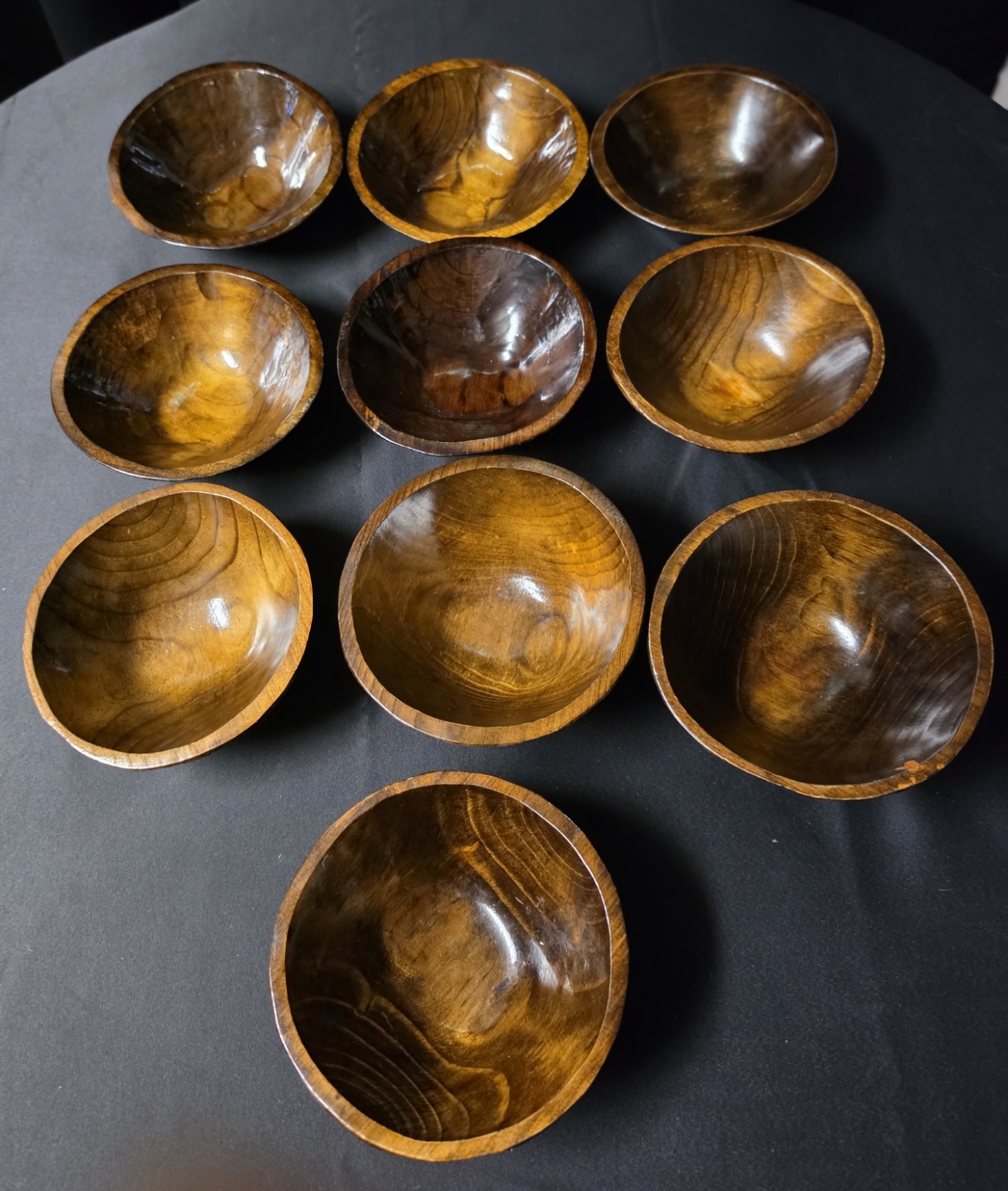 Vintage Maggie of Mexico Signed Hand Carved Wooden Salad Bowls Set of 10 MCM