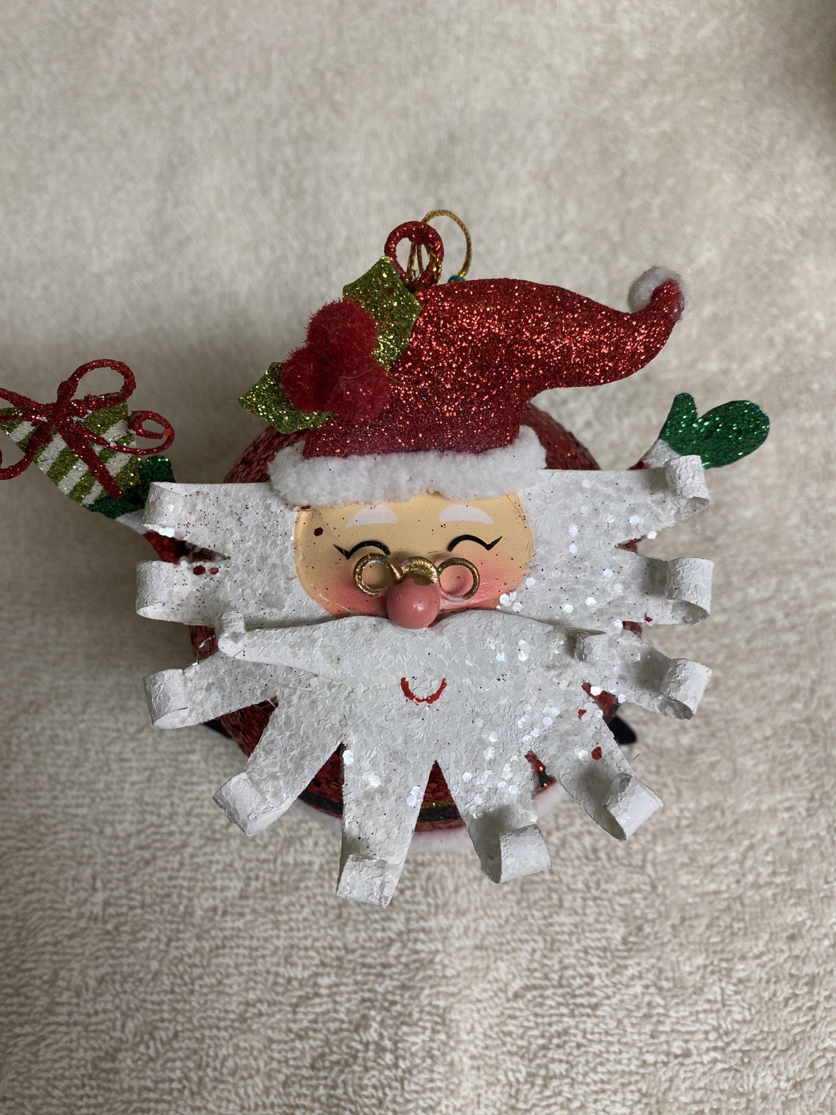 Pier 1 One VTG Santa Claus Glasses Beard CHRISTMAS Glitter Ornament RARE VGUC