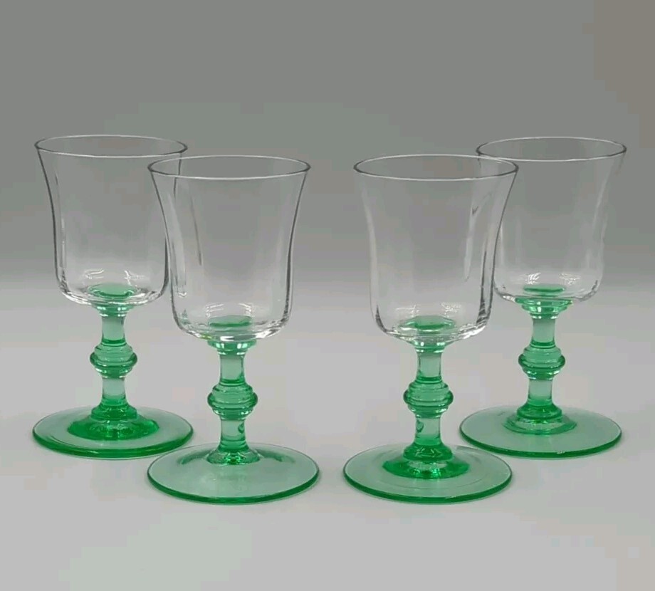 Vintage HC Fry Glass Clear And Depression Green Cordial Wine Glasses Set Of 4