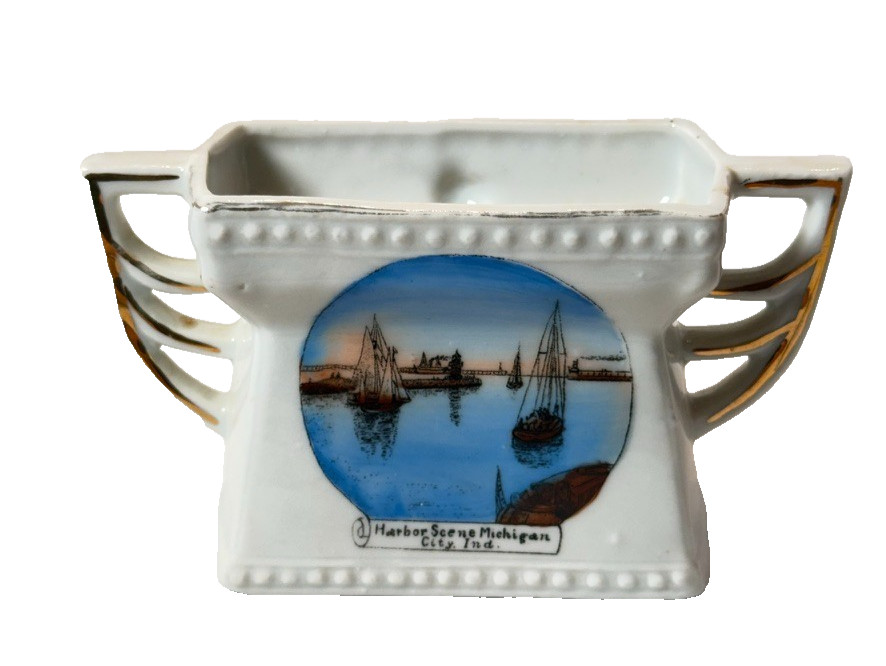 HARBOR BOAT - MICHIGAN CITY INDIANA IN Antique Souvenir China Dish TRINKET