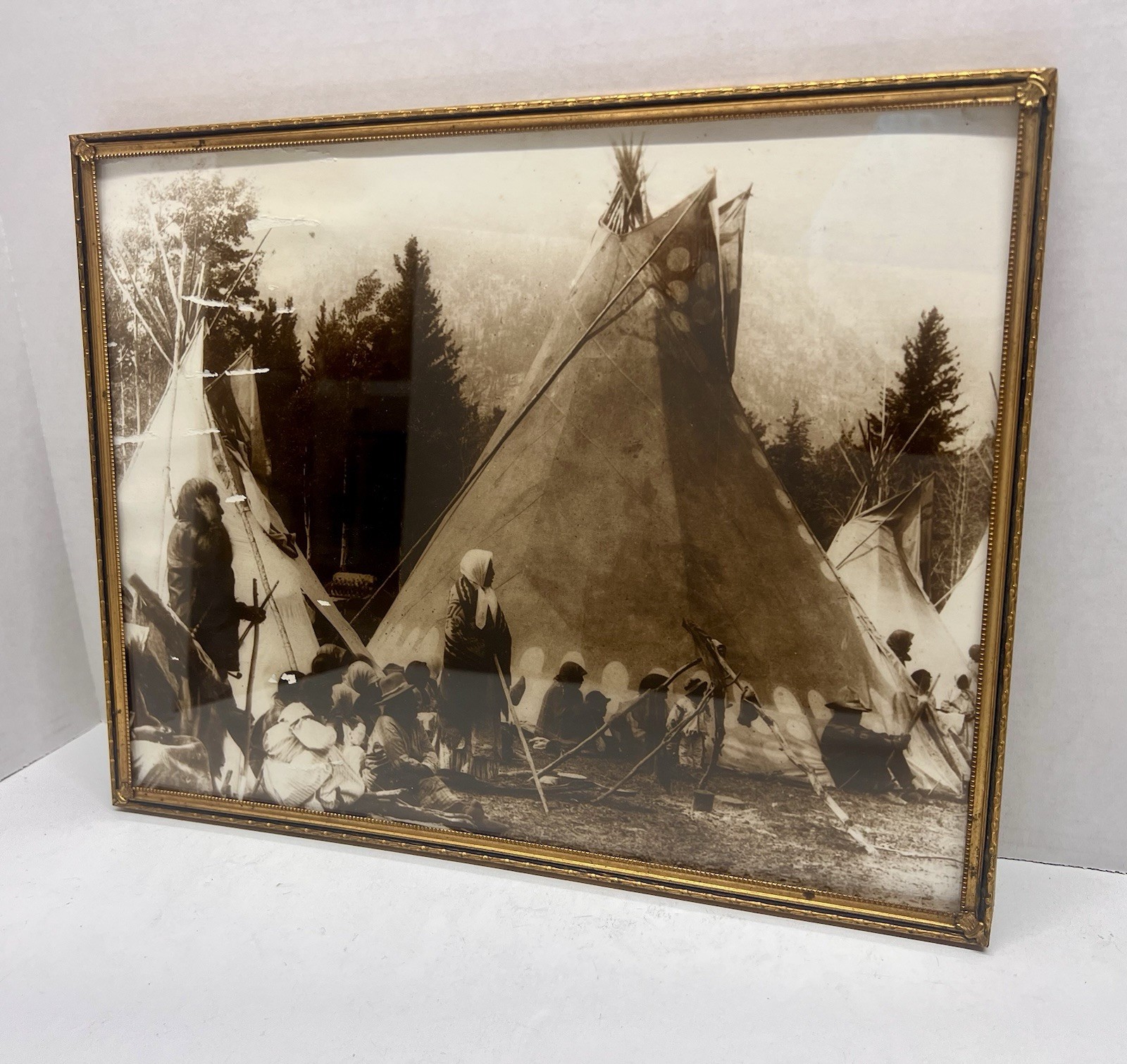 Vintage Native American Indians Encampment Teepee Print W/ Frame 11” X 14”