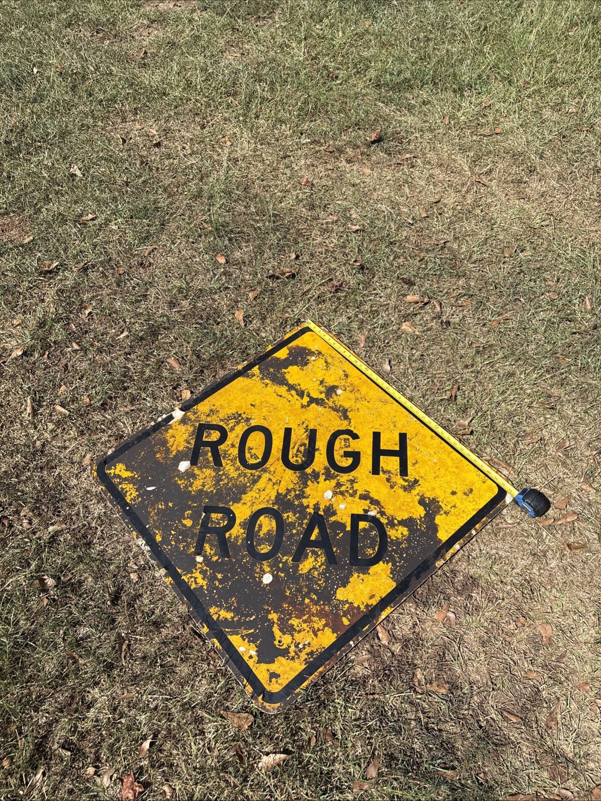 Vintage Rough Road Rustic Traffic Sign Authentic Yellow Aluminum Street Warning