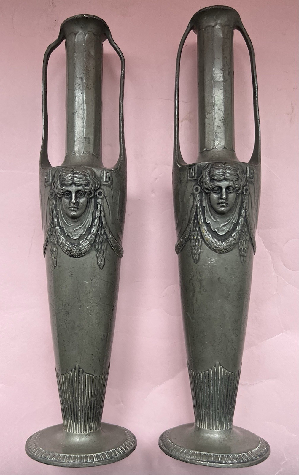 Antique Pair Art Nouveau Amphora Pewter Orivit Vases Female Mask Garlands 8 1/2