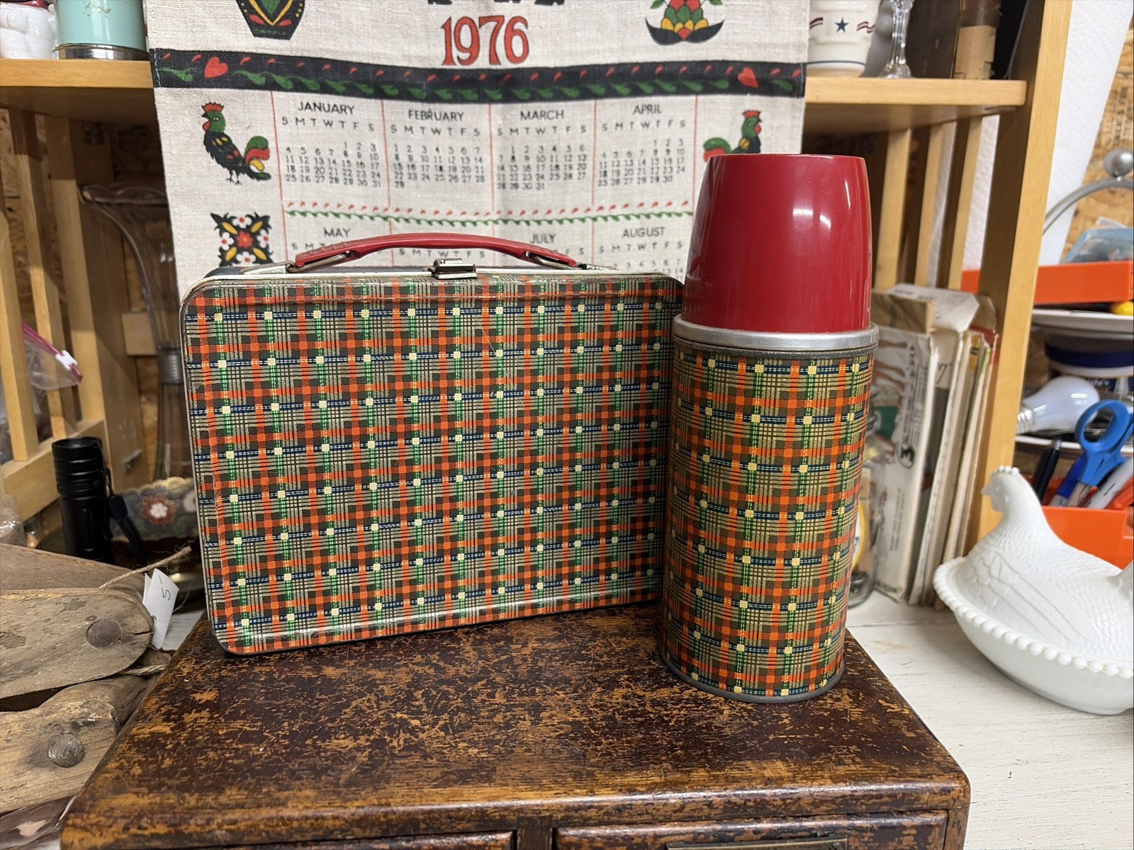 1960 Plaid Blue Band Metal Lunchbox w Matching Thermos Red Cup Vintage