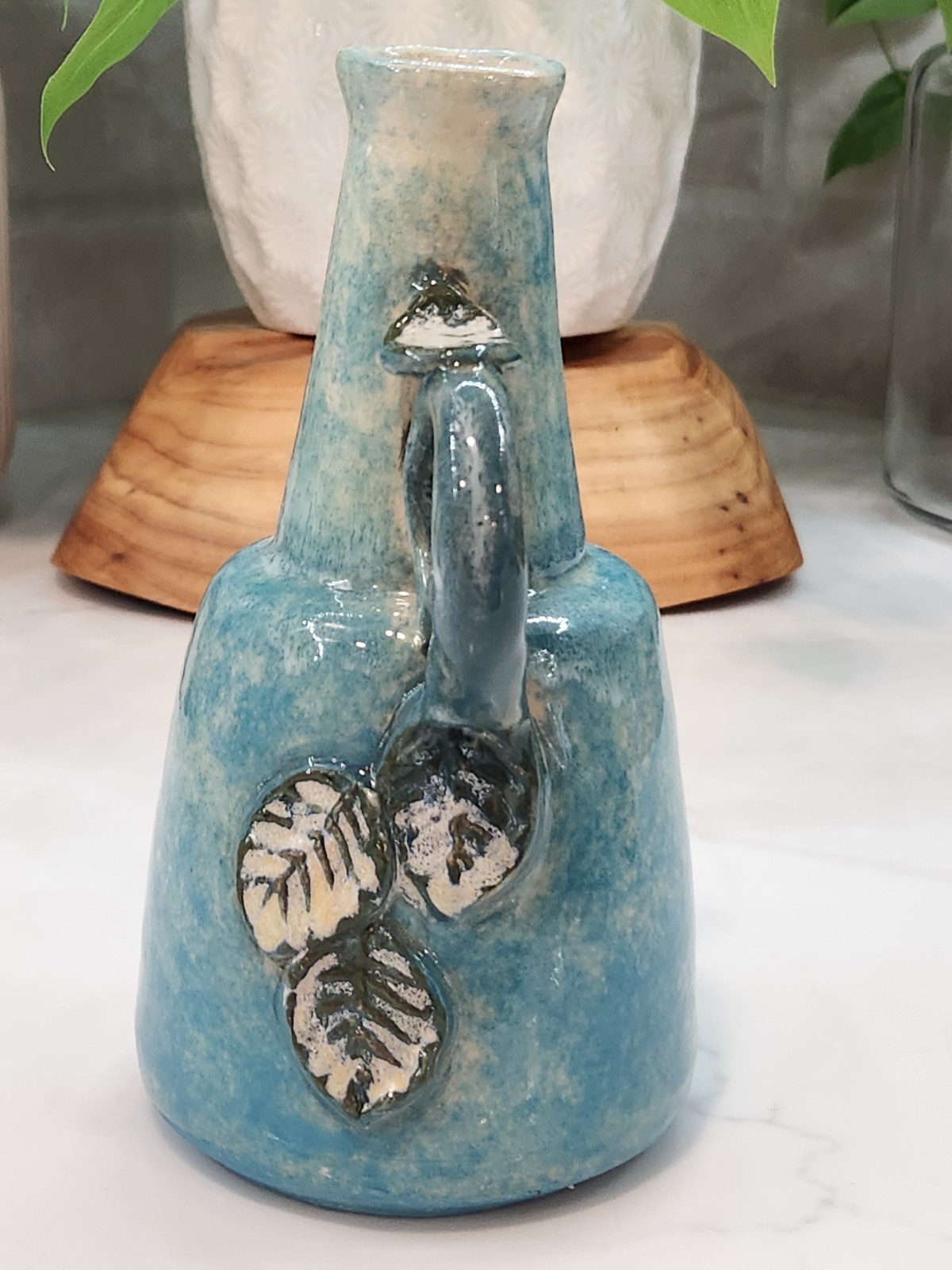 Vtg Hand Crafted Hand Painted Art Pottery Glazed Pitcher Jug Blue White Glaze