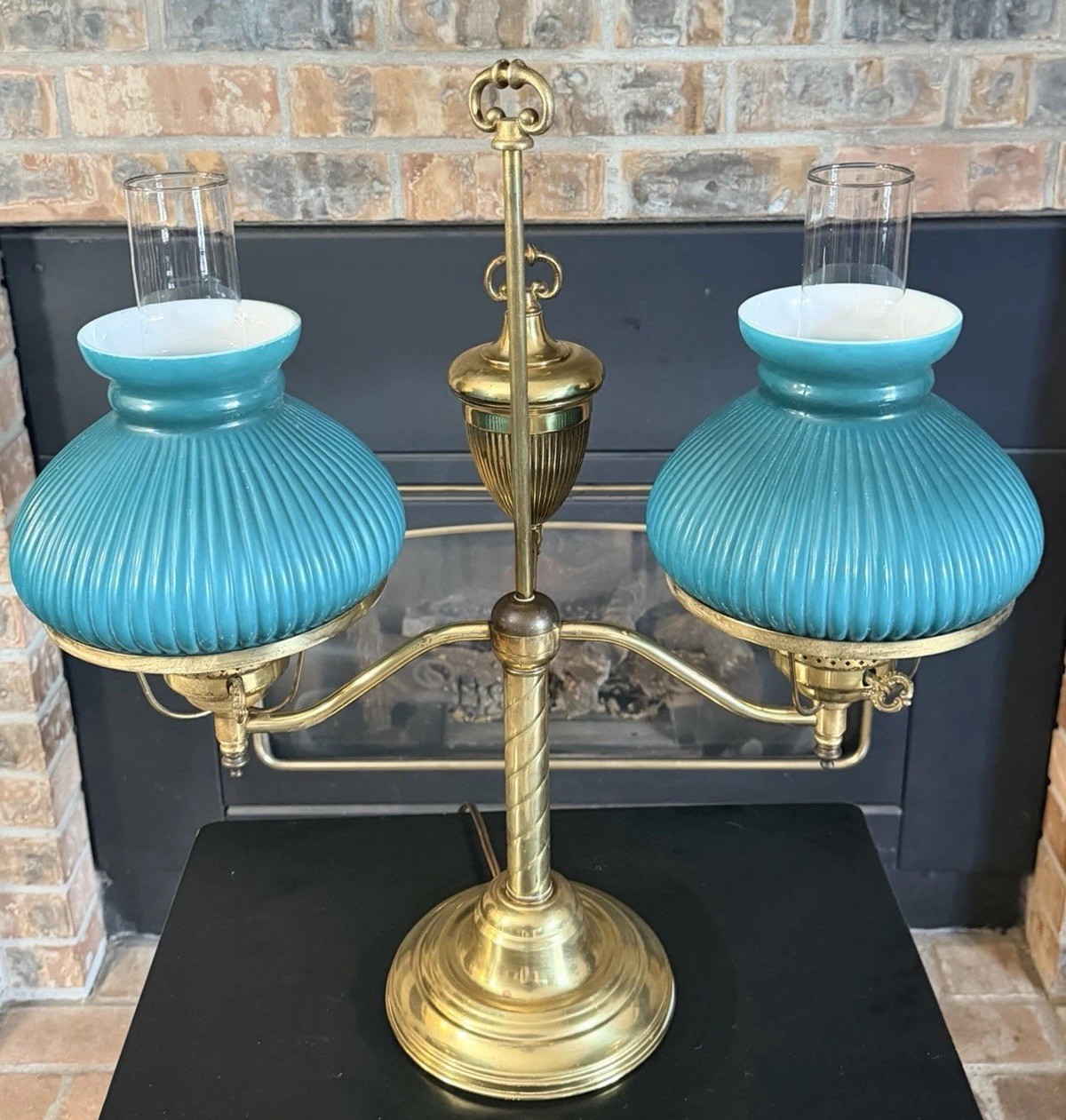 Vintage Brass Double Post Student Lamp Green Shades Large 22” Tall