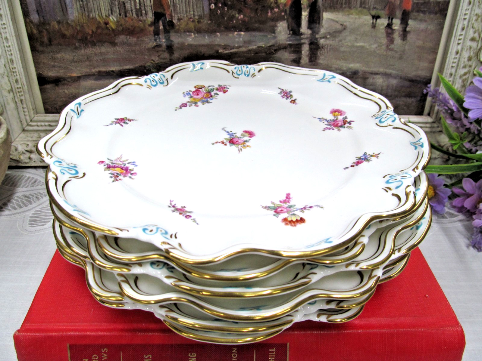 Coalport set of 6  Turquoise Enamel painted roses lunch plates England 1920s
