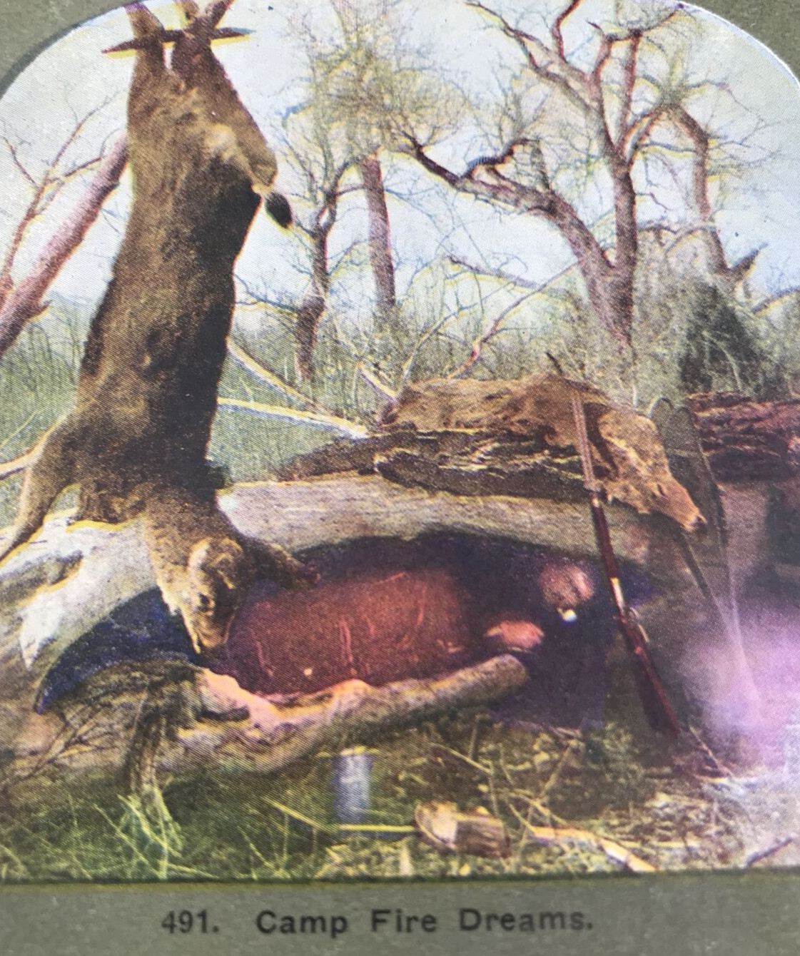 c1900s TW Ingersoll Stereoview #491 Camp Fire Dreams Deer Hunting Sleeping