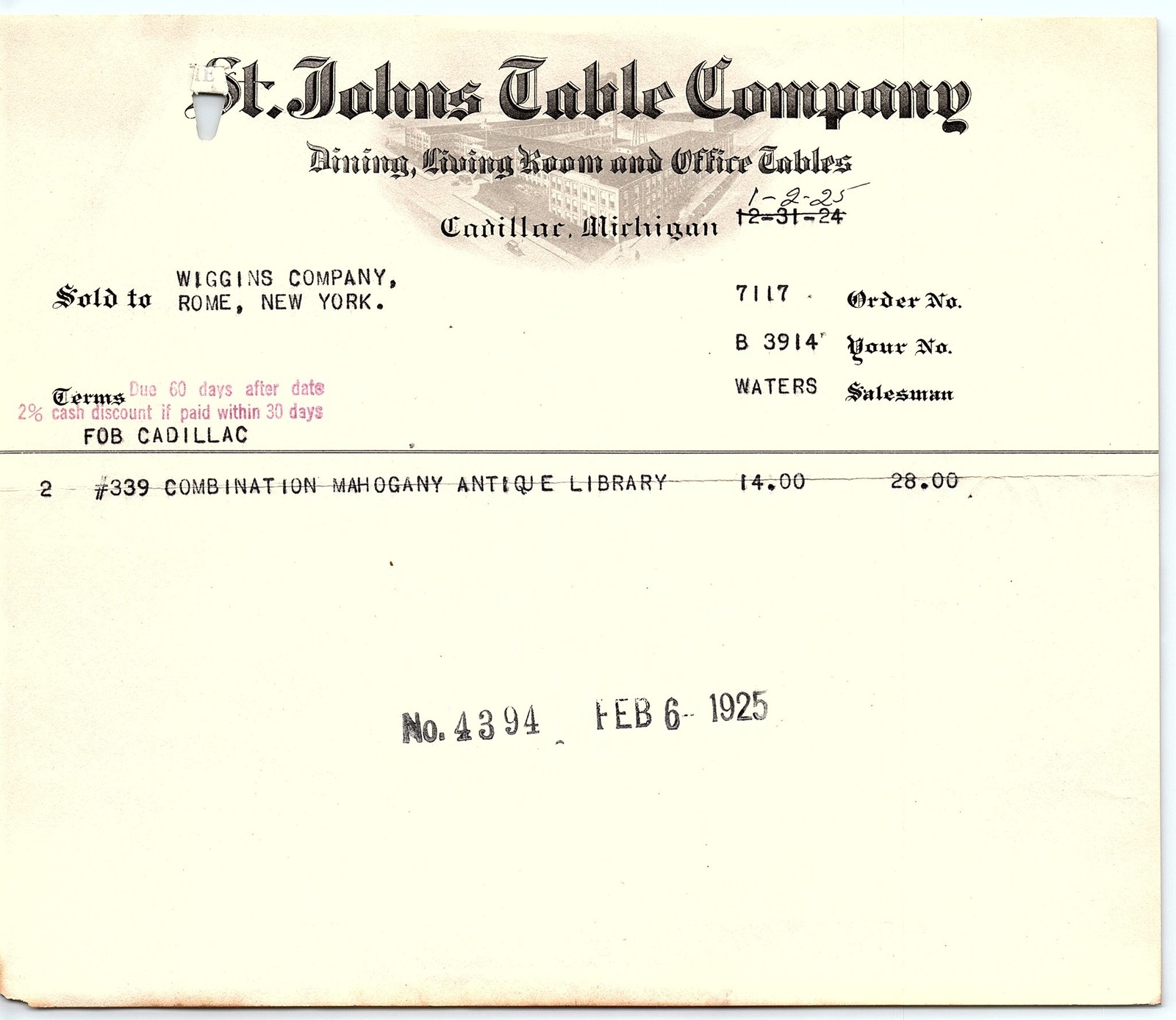 1925 St. Johns Table Co. Cadillac MI Furniture Billhead