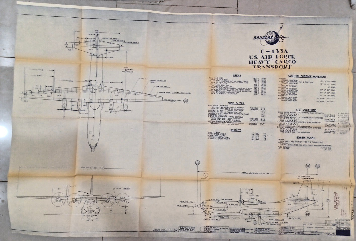 Douglas Aircraft C-133a General Arrangement 3 View Blueprint 36\