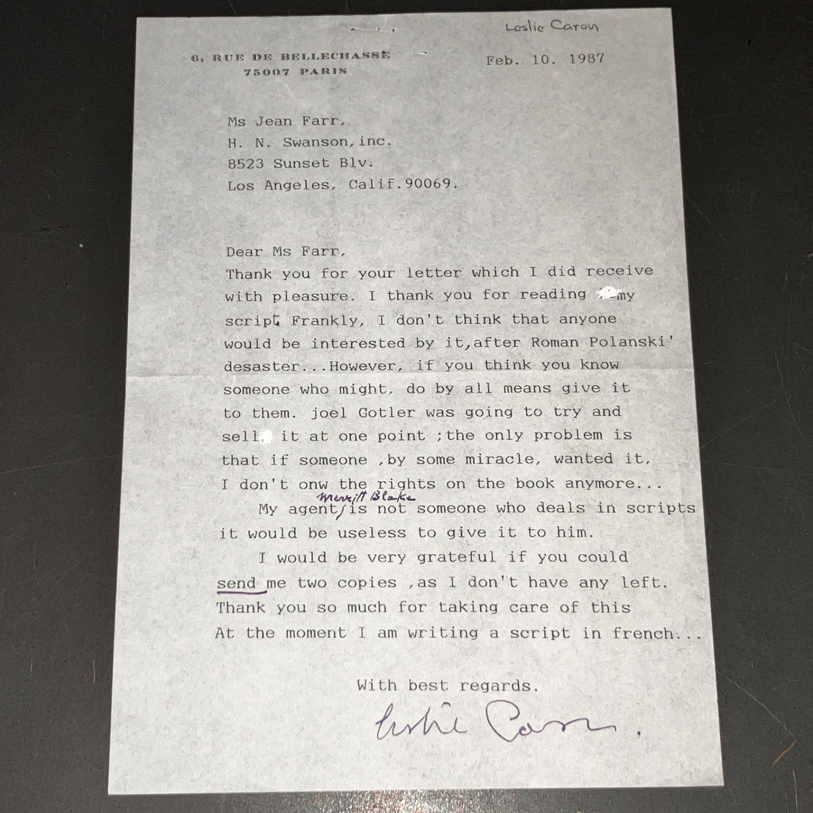 Leslie Caron Signed Note 1987 Actress Gigi Star Hollywood COA