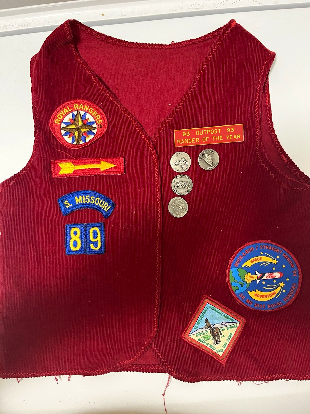 Vintage 1990s Royal Rangers Red Corduroy Award Vest with Patches & Medals - Sout Vintage 1990s Royal Rangers Red Corduroy Award Vest with Patches & Medals - Sout