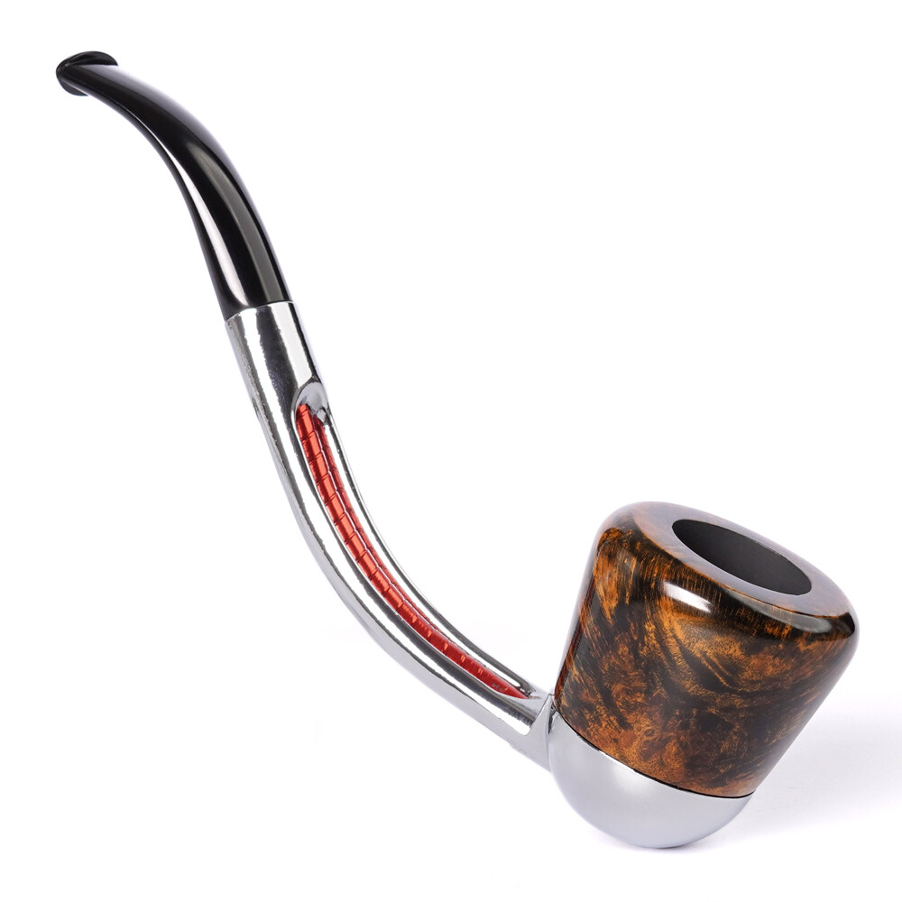 MUXIANG Aluminum Metal Tobacco Pipe Curved Shank Stem Pipe With Briar Wood Bowl