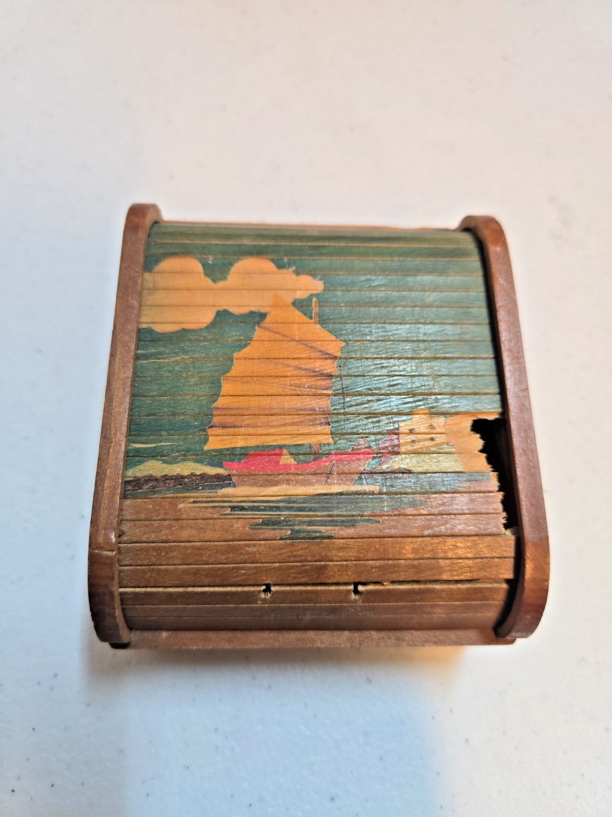 Vintage Wooden Roll-Top Cigarette Box; Hand painted; Lid Damaged Vintage Wooden Roll-Top Cigarette Box; Hand painted; Lid Damaged